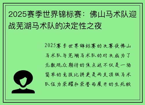 2025赛季世界锦标赛：佛山马术队迎战芜湖马术队的决定性之夜